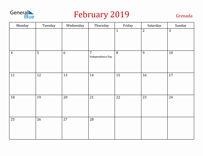 Grenada February 2019 Calendar - Monday Start