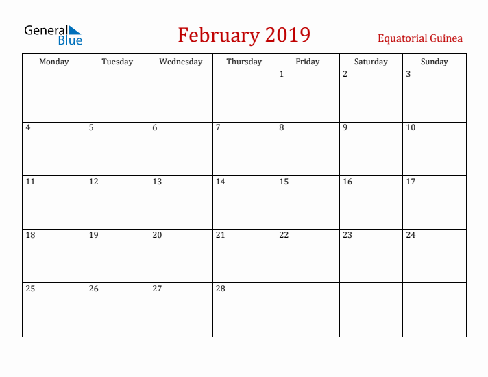 Equatorial Guinea February 2019 Calendar - Monday Start