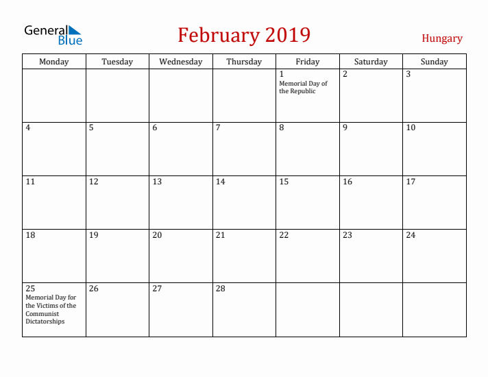 Hungary February 2019 Calendar - Monday Start