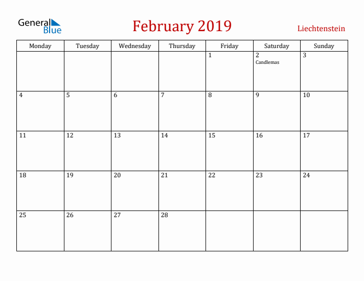 Liechtenstein February 2019 Calendar - Monday Start