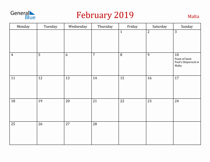 Malta February 2019 Calendar - Monday Start