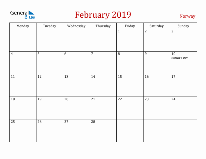 Norway February 2019 Calendar - Monday Start
