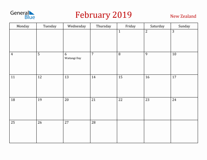 New Zealand February 2019 Calendar - Monday Start