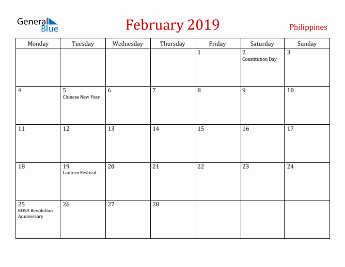 Philippines February 2019 Calendar - Monday Start
