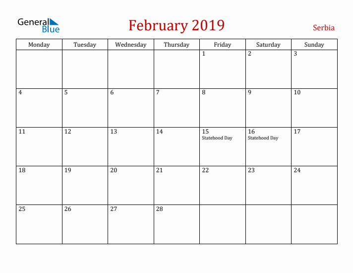 Serbia February 2019 Calendar - Monday Start