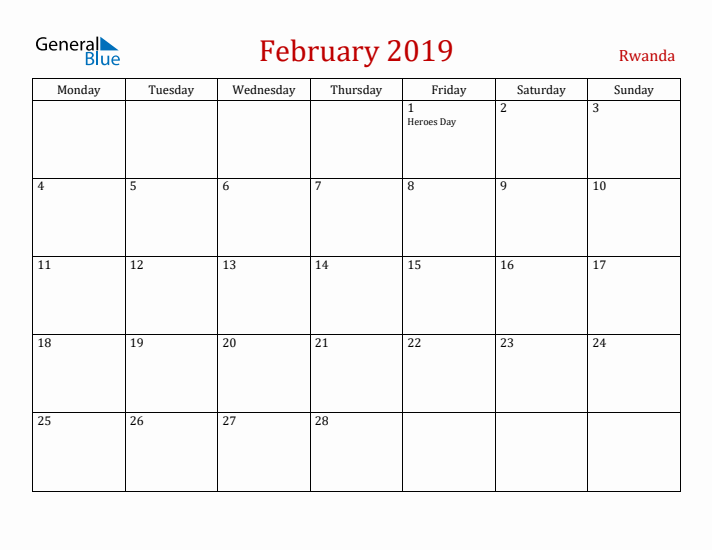 Rwanda February 2019 Calendar - Monday Start