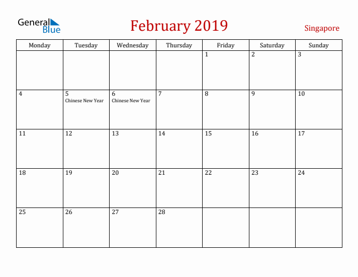 Singapore February 2019 Calendar - Monday Start