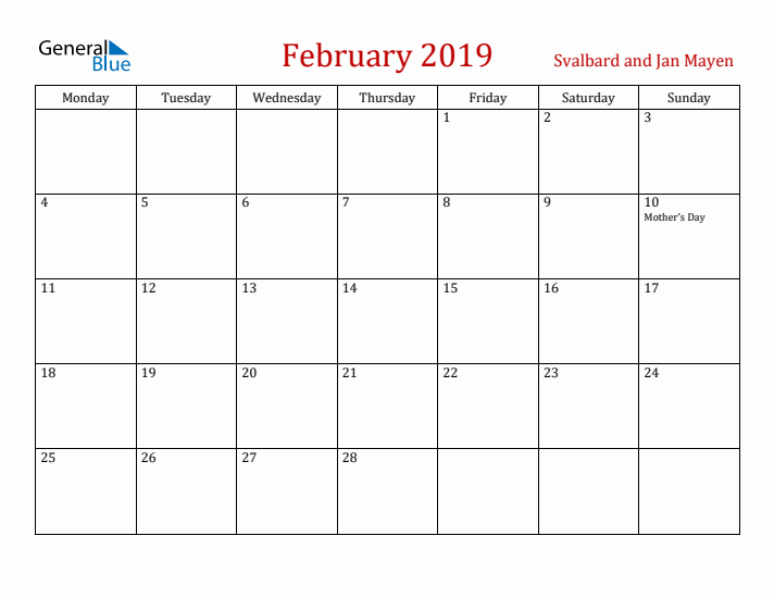 Svalbard and Jan Mayen February 2019 Calendar - Monday Start