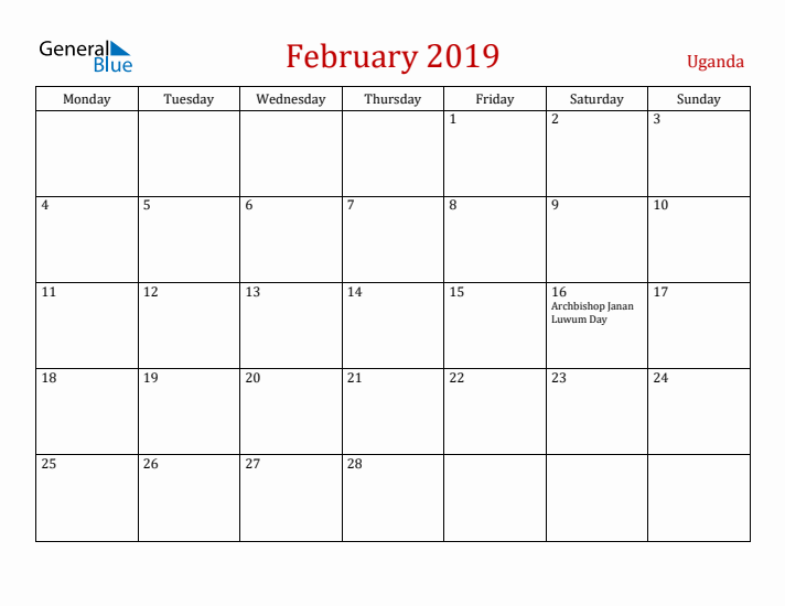 Uganda February 2019 Calendar - Monday Start