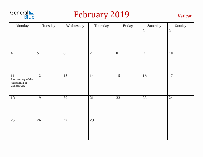 Vatican February 2019 Calendar - Monday Start
