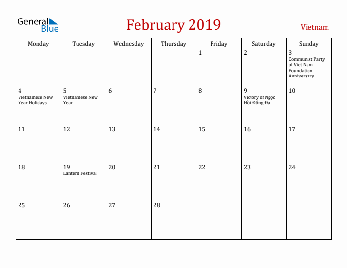 Vietnam February 2019 Calendar - Monday Start