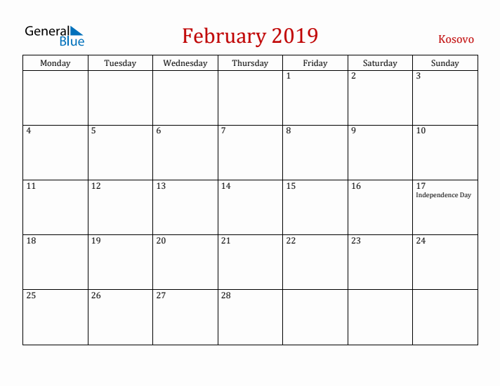 Kosovo February 2019 Calendar - Monday Start