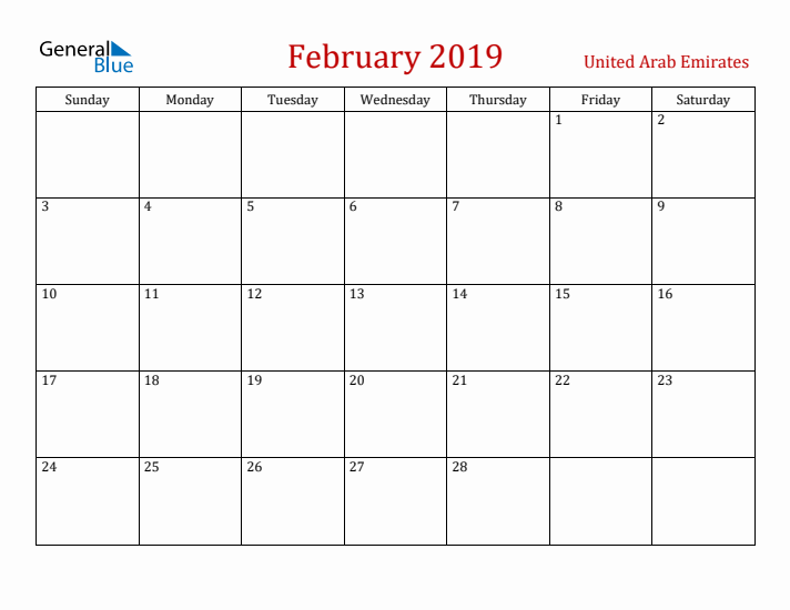 United Arab Emirates February 2019 Calendar - Sunday Start