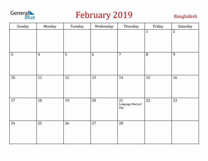Bangladesh February 2019 Calendar - Sunday Start