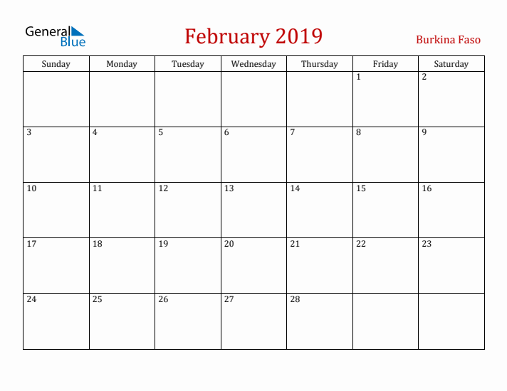 Burkina Faso February 2019 Calendar - Sunday Start