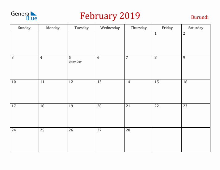 Burundi February 2019 Calendar - Sunday Start