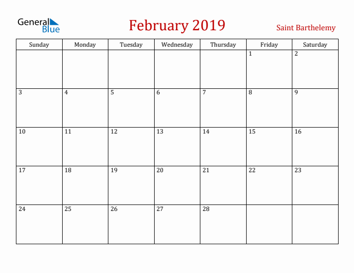 Saint Barthelemy February 2019 Calendar - Sunday Start