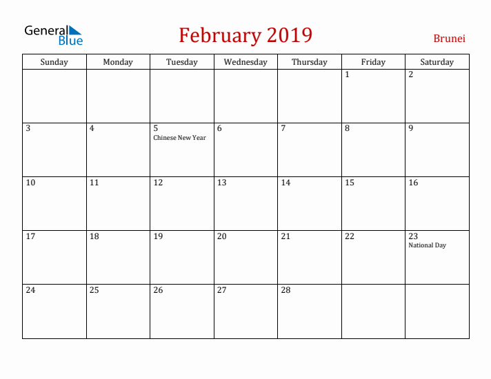 Brunei February 2019 Calendar - Sunday Start