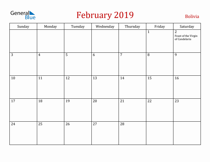 Bolivia February 2019 Calendar - Sunday Start
