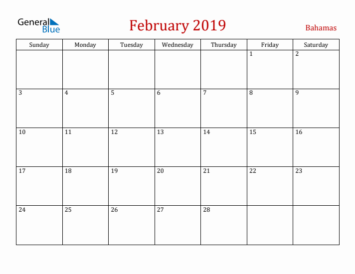 Bahamas February 2019 Calendar - Sunday Start
