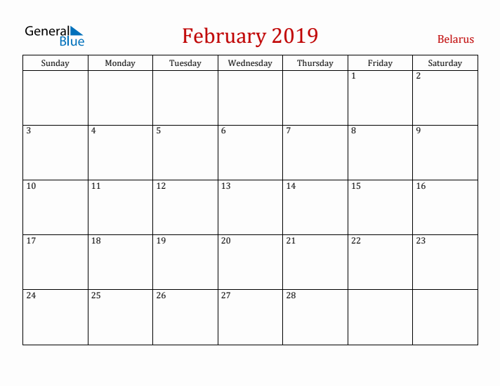 Belarus February 2019 Calendar - Sunday Start