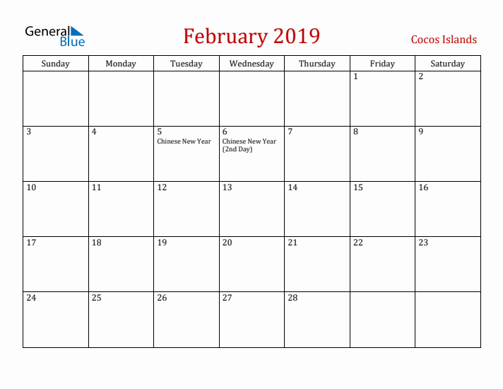 Cocos Islands February 2019 Calendar - Sunday Start