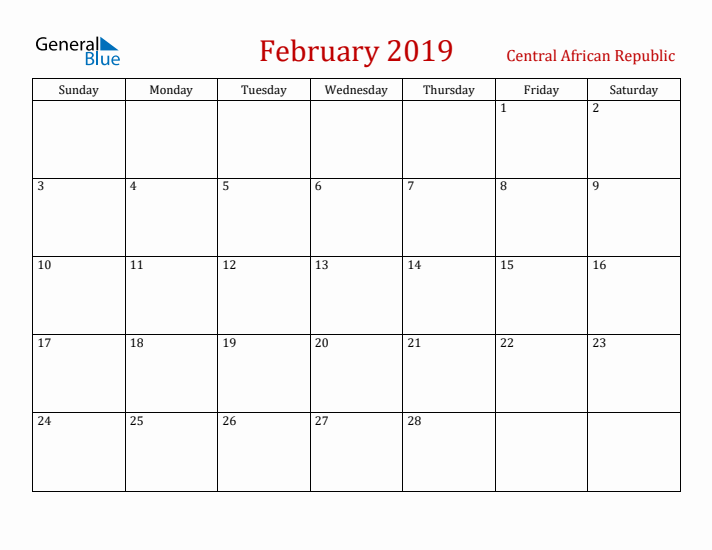 Central African Republic February 2019 Calendar - Sunday Start