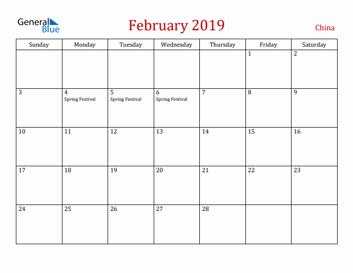 China February 2019 Calendar - Sunday Start