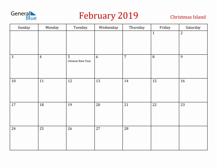 Christmas Island February 2019 Calendar - Sunday Start