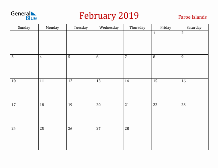 Faroe Islands February 2019 Calendar - Sunday Start