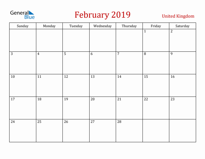 United Kingdom February 2019 Calendar - Sunday Start