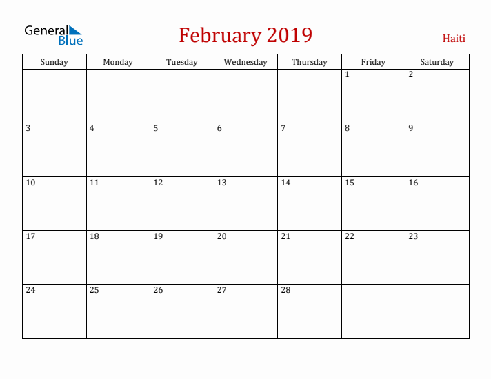 Haiti February 2019 Calendar - Sunday Start