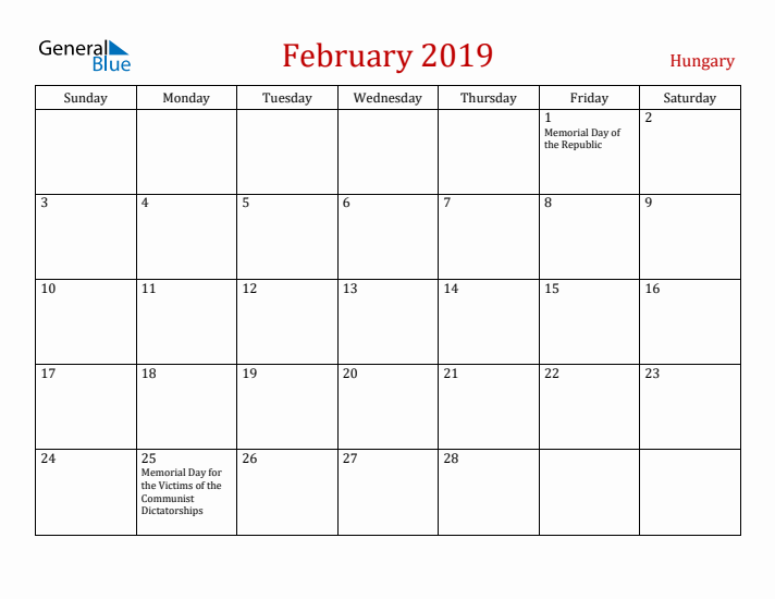 Hungary February 2019 Calendar - Sunday Start