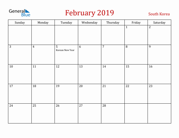 South Korea February 2019 Calendar - Sunday Start