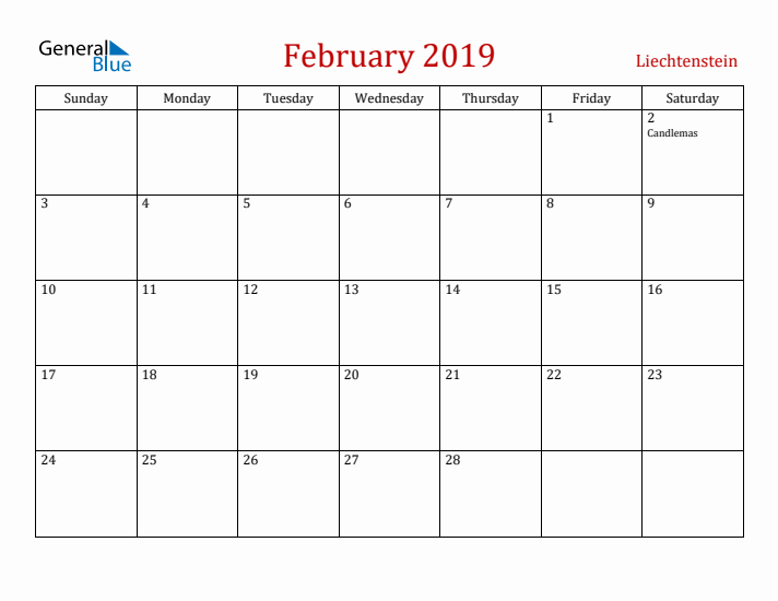 Liechtenstein February 2019 Calendar - Sunday Start