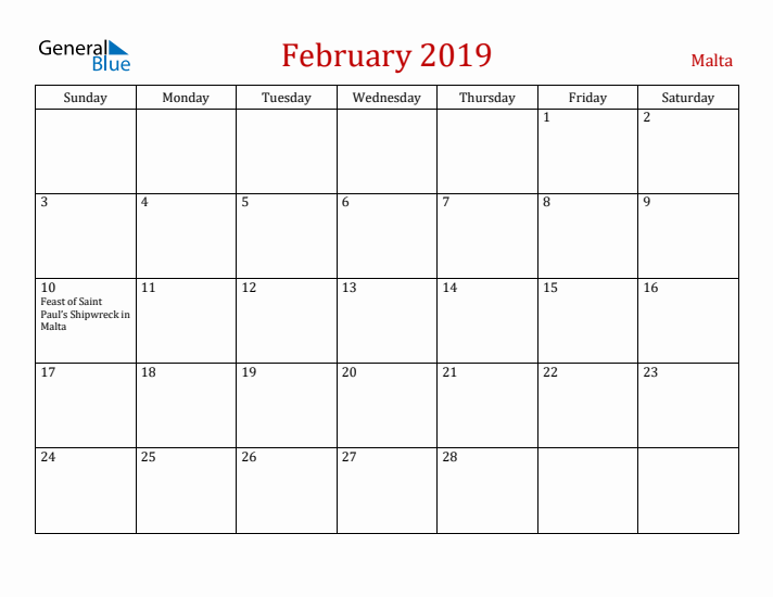 Malta February 2019 Calendar - Sunday Start