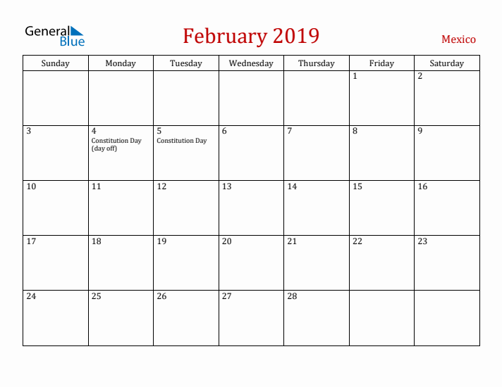 Mexico February 2019 Calendar - Sunday Start