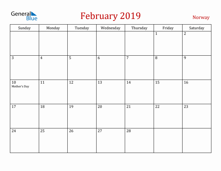 Norway February 2019 Calendar - Sunday Start