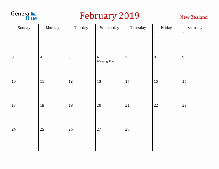 New Zealand February 2019 Calendar - Sunday Start