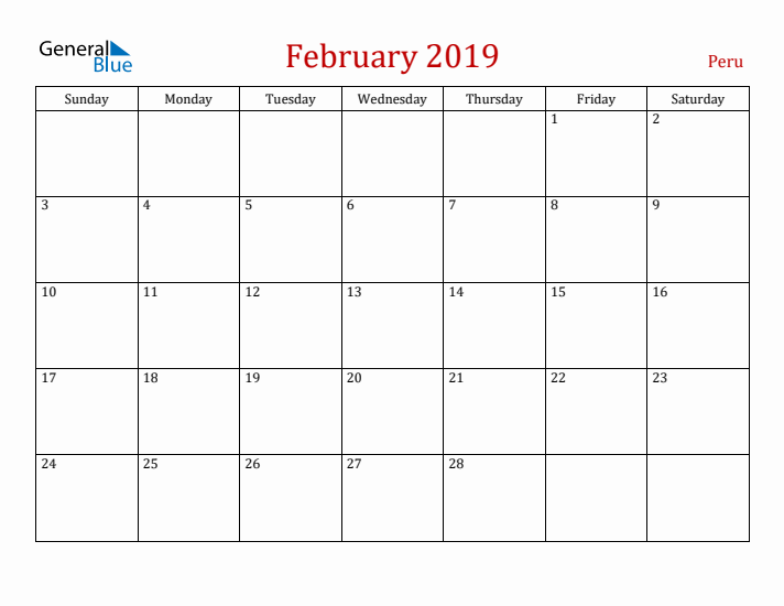 Peru February 2019 Calendar - Sunday Start