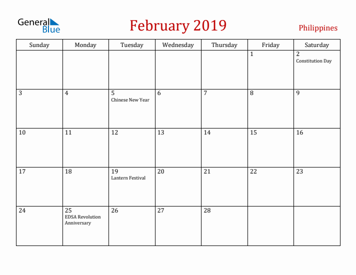 Philippines February 2019 Calendar - Sunday Start