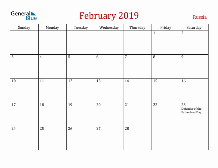 Russia February 2019 Calendar - Sunday Start
