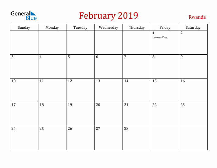 Rwanda February 2019 Calendar - Sunday Start