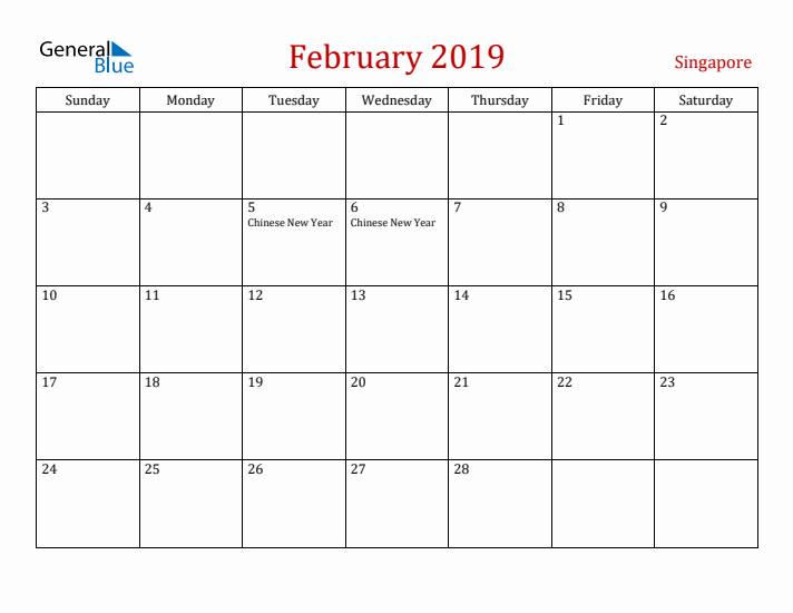 Singapore February 2019 Calendar - Sunday Start