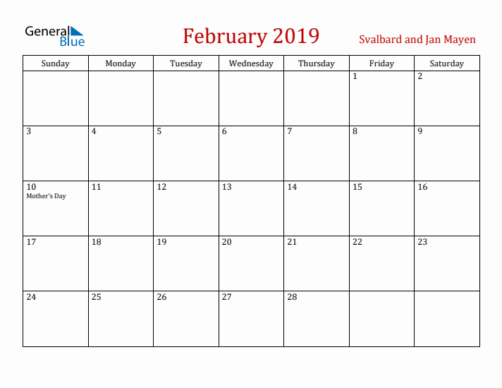 Svalbard and Jan Mayen February 2019 Calendar - Sunday Start