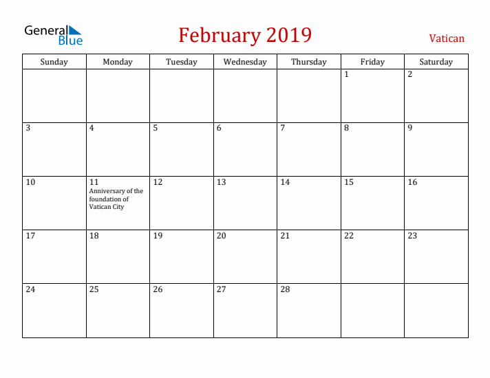 Vatican February 2019 Calendar - Sunday Start