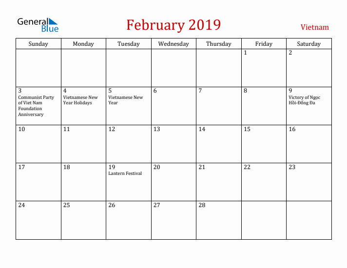 Vietnam February 2019 Calendar - Sunday Start