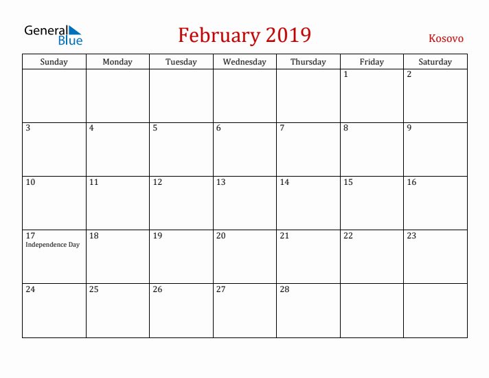 Kosovo February 2019 Calendar - Sunday Start