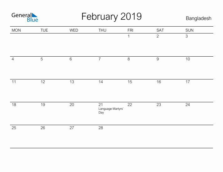 Printable February 2019 Calendar for Bangladesh