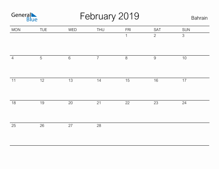 Printable February 2019 Calendar for Bahrain